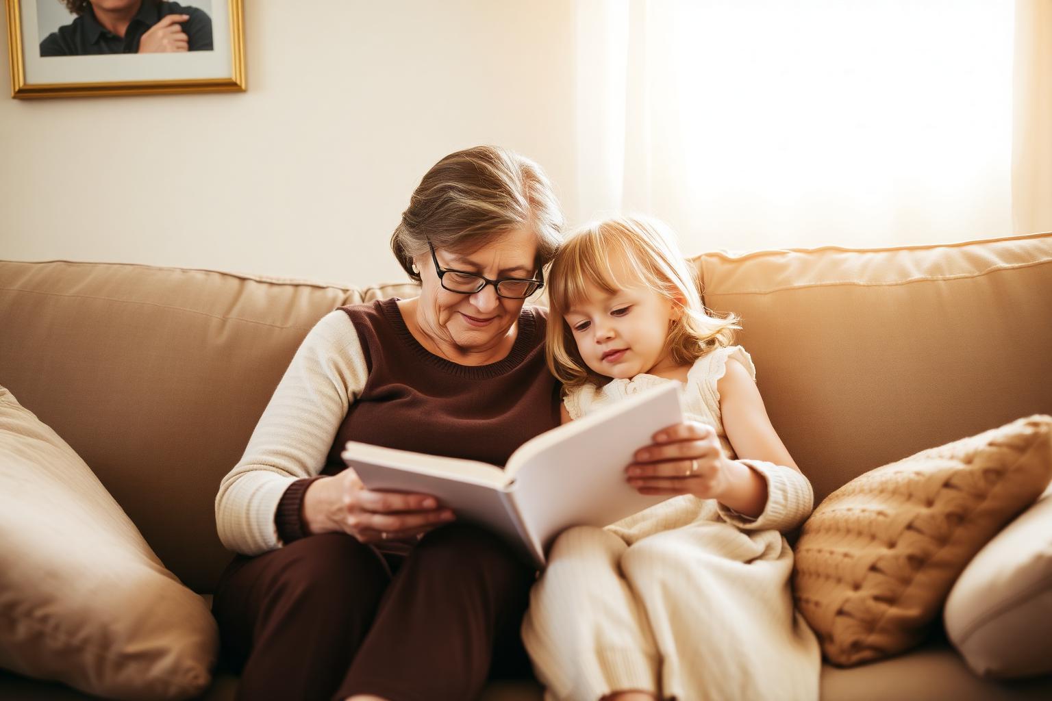 Grandmother and granddaughter reading the Carving Forever book together in warm light